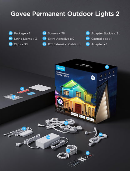 Govee Permanent Outdoor Lights 2 – 150ft RGBIC Waterproof LED Set (108 LEDs, Alexa/Google Compatible)