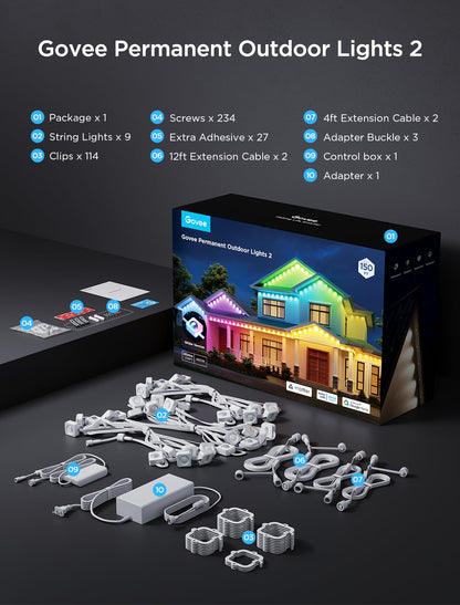 Govee Permanent Outdoor Lights 2 – 150ft RGBIC Waterproof LED Set (108 LEDs, Alexa/Google Compatible)